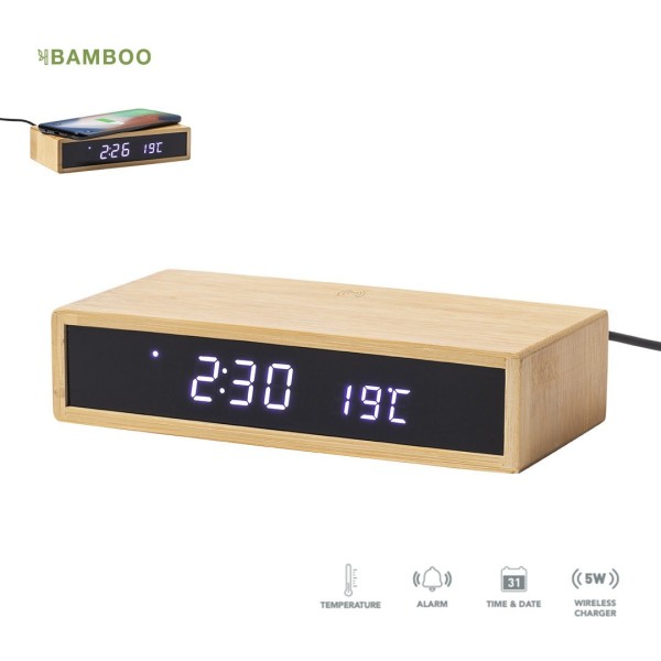 Horloge Multifonction en Bambou avec Chargeur Sans Fil